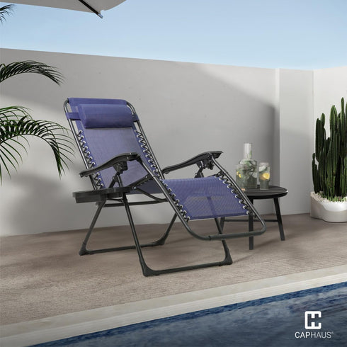 300LB CAPHAUS Blue Zero Gravity Chair, Recliner, Lounge Chair, Folding Chair with Side Tray, Metal, Textilene Fabric