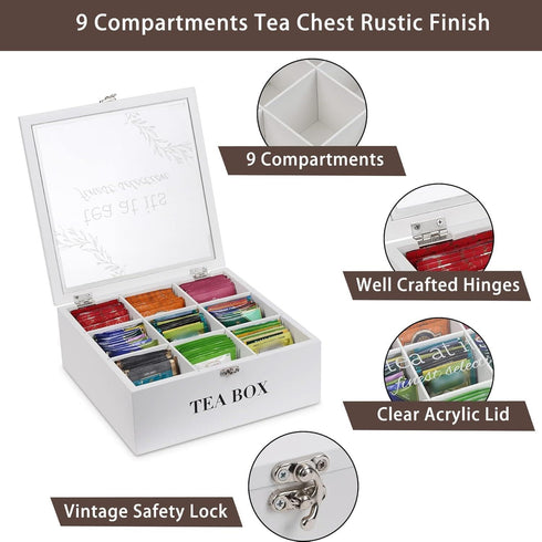 9 handrong Tea Box Organizer,Wood Tea Bag Holder Organizer,Modern Teas Bag Storage with Compartments and Glass Cover
