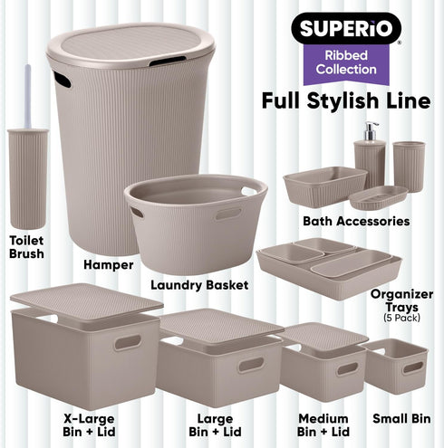 Superio Ribbed Collection - Medium Taupe Decorative Plastic Open Home Storage Bins Organizer Baskets (2 Pack) for