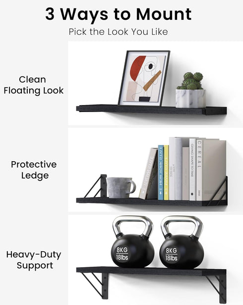 OrganizerBlackSet 3 BAYKA Wall Mounted Floating Shelves, Wood Floating Wall Shelf for Books & Decor, Small Space-Saving