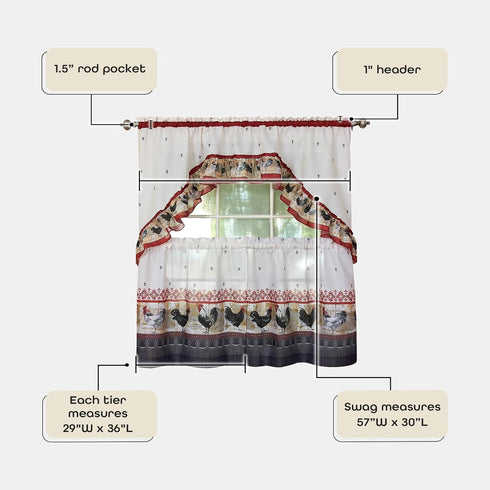 Printed Tier and Swag Window Curtain Set, 57 Inch Width, 36 Inch Length, Rooster, Machine Washable