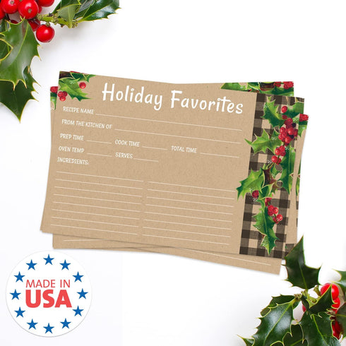 Kraft Look Holiday Favorites Recipe Cards / 50 Rustic Faux Kraft Christmas Cards / 4" x 6" Double Sided