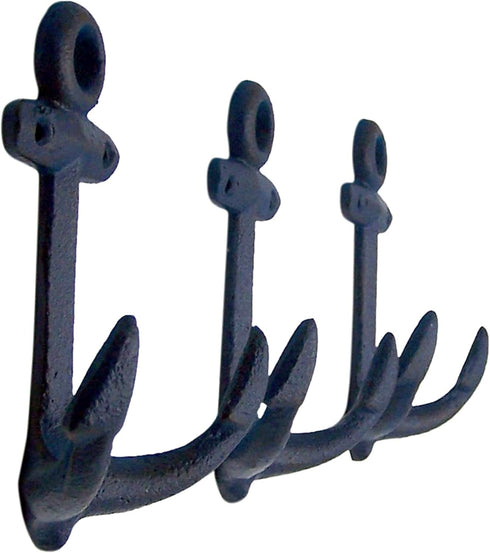 Nautical Cast Iron Ship Anchor Wall Hooks, Wowser, Set of 3 (Blue)