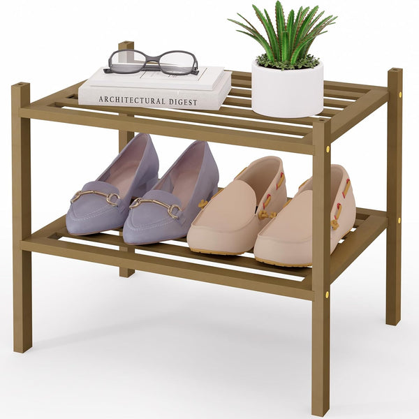 Smiry Small Bamboo Shoe Rack 2-Tier, Stackable Wooden Shoe Organizer for Entryway