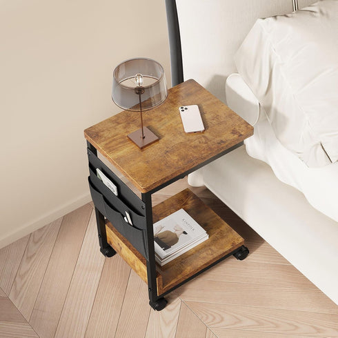 2-Tier YeTom Side Table,C Table with Storage Shelf, End Table with a Storage Bag, Sofa Table with Wheels for Living
