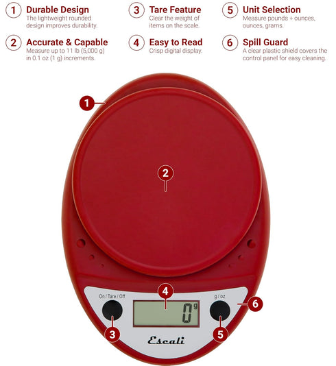 Escali Primo Digital Food Scale, Multi-Functional Kitchen Scale, 8.5 x 6 x 1.5 inches, Warm Red