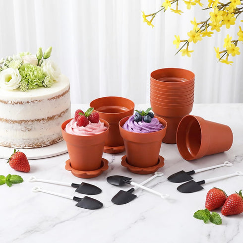 24 Pack Patelai Flower Pot Dessert Cups with Shovel Spoons Plastic Cake Desserts Cups for Farmers Market Construction