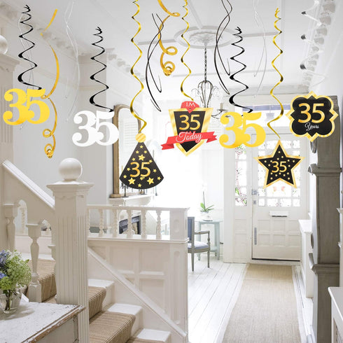 LINGTEER Happy 35th Birthday Decorations - 12 Pcs Black & Gold Foil Swirls Streamer Set for 35 Years Old