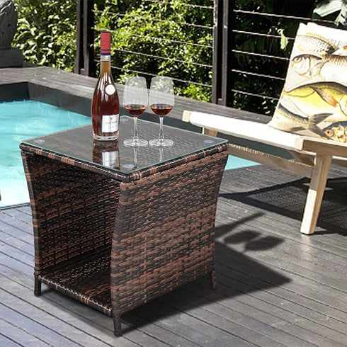 Rpuzonier Wicker Rattan Side Table, Outdoor Square Rattan Coffee End Table with Tempered Glass Top and Storage