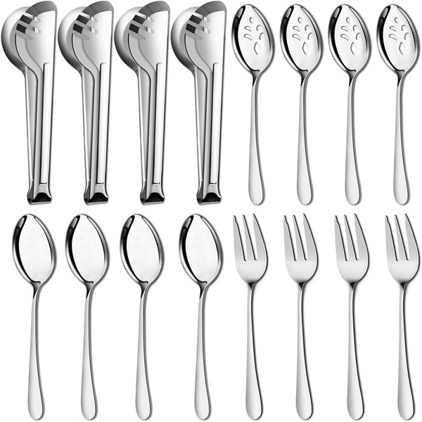 Pleafind 16 PCS Stainless Steel Serving Utensils Set, Includes Serving Spoons, Slotted Spoons, Forks, and Tongs