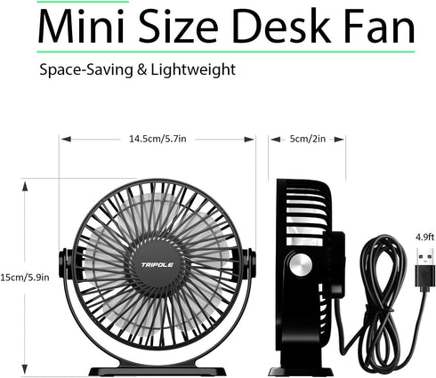 TriPole Desk Fan USB Powered 2 Pack Black Small Portable Fan, 3 Speeds Strong Airflow Mini Fan 360°Rotation Personal Fan 5.1 Inch Table Fan for Home Office Bedroom Desktop Travel, 4.9ft Cable by TriPole