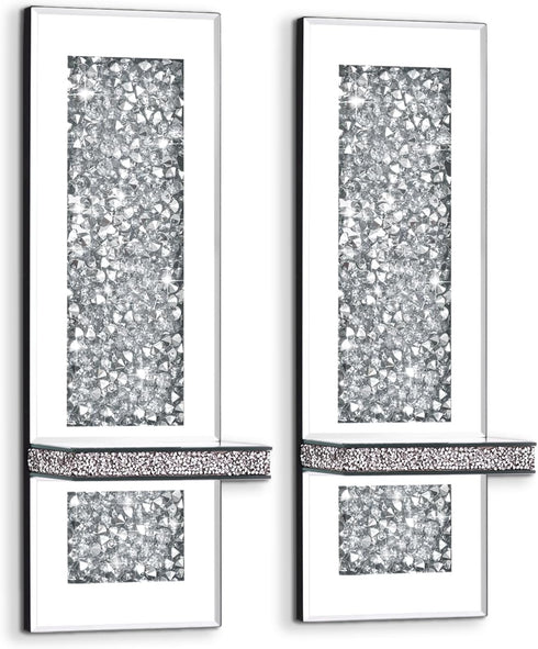 Azonsdop Set 2, Crystal Crushed Diamond Mirrored Candle Sconces of Glam Silver Wall Candle Holders for Living Room