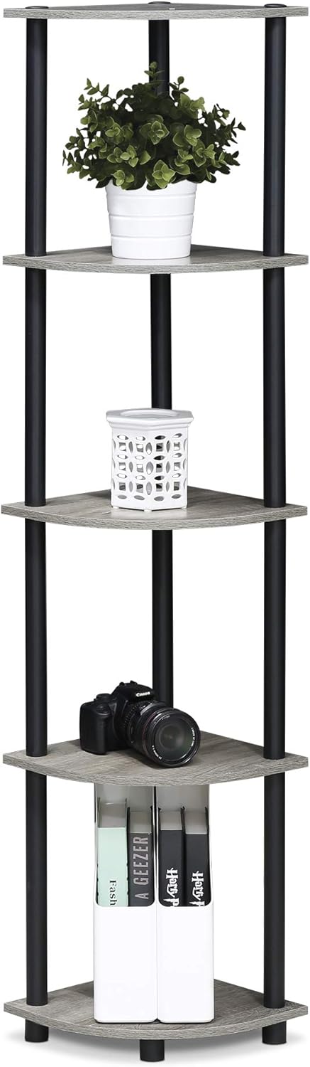 Furinno Turn-N-Tube 5 Tier Corner Display Rack, Multipurpose Shelving Unit, 1-Pack, French Oak Grey/Black