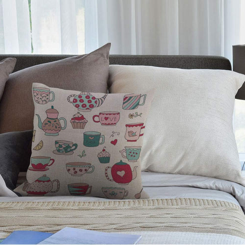 HGOD DESIGNS Doodle Cups Throw Pillow Cover, Teapots and Cupcakes in Pastel Colors, Cotton Linen 18x18 inch