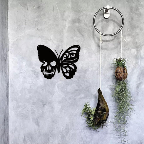 CREATCABIN Skull Butterfly Metal Wall Art Decor, Black Iron Sculpture for Indoor Outdoor Home Decoration