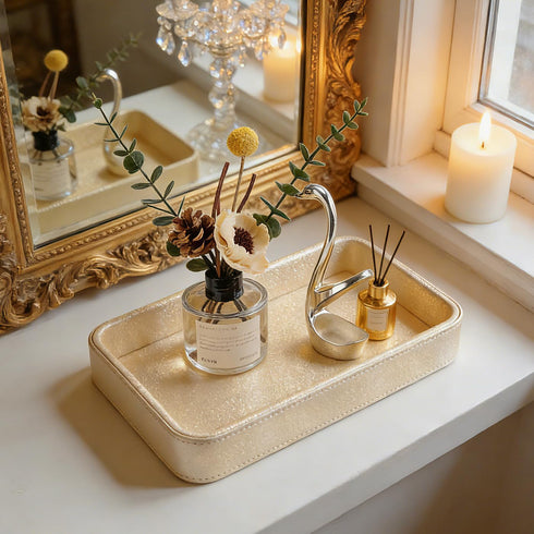 GORESE Gold Perfume Tray, Decorative PU Leather Jewelry Tray for Dresser and Nightstand Organizer, Catch-All Vanity