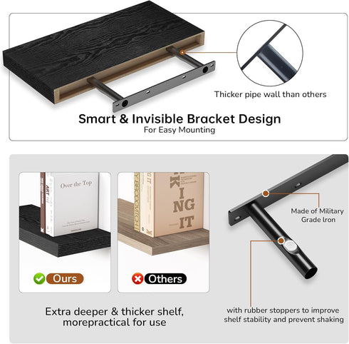 16 Inch 2 Pack, Fun Memories Floating Shelves - Deep Rustic Black Wooden Wall Shelves - Extra Deeper & Thicker Wall