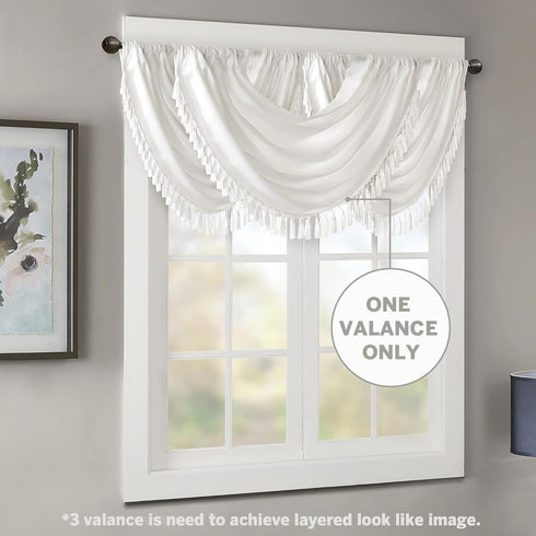 Madison Park Elena Waterfall Embellished Rod Pocket Valance, Faux Silk Window Valance, 38X46", White