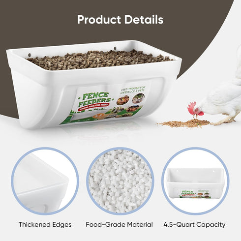 Chewoof 4 Pack 4.5 Chicken Feeders, Quart Goat Hanging Fence Feeders, with Hooks, Screws, & Chicken Coop Treat Bag