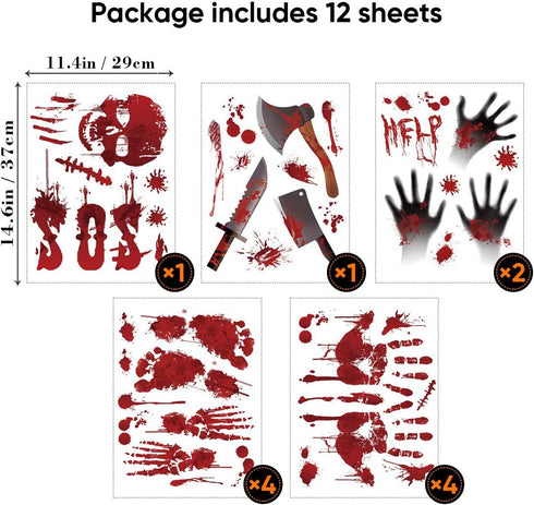 Tuzuaol 119 PCS Bloody Halloween Decorations, Handprint Footprints Knife Stickers for Zombie Party Supplies