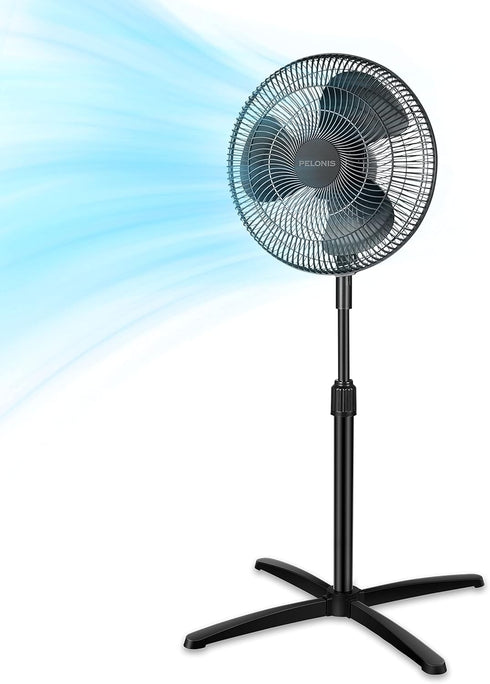 PELONIS Portable 16 Inch Pedestal Fan, 3-Speed, 90° Oscillation, Adjustable Height, Standing Floor Fan for Home, Black