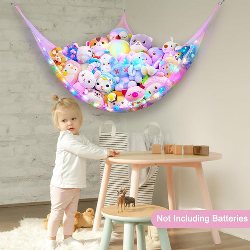 Stuffed Animals Net or Hammock, Kids Toy Storage Organizer with LED Light, Pack of 1