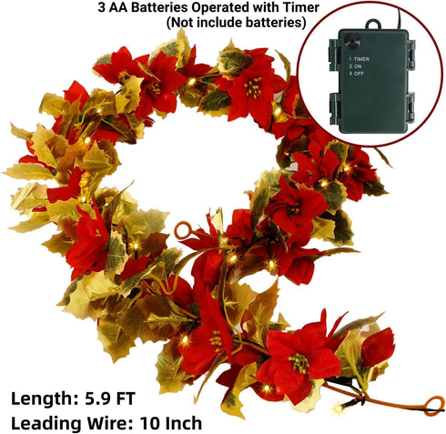 Glintoper Christmas Poinsettia Garland - 5.9 FT Lighted Artificial Garland with 36 Red Flowers, Battery Operated