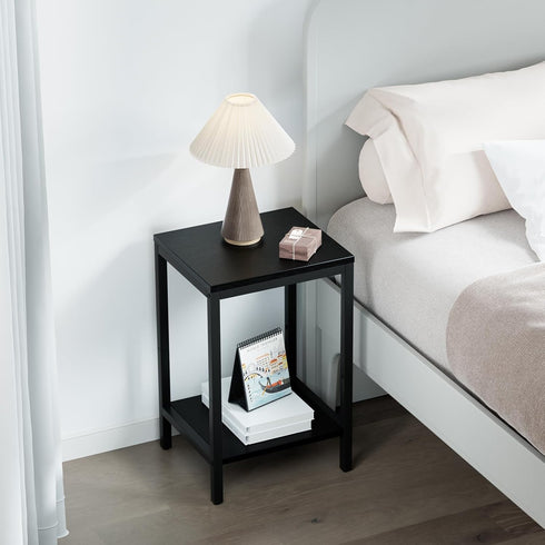 13.3''D 2 1PCS, SAYGOER Black End Tables Small Side Table with Storage Wood Night Stand Metal Frames Tier Bedside Table