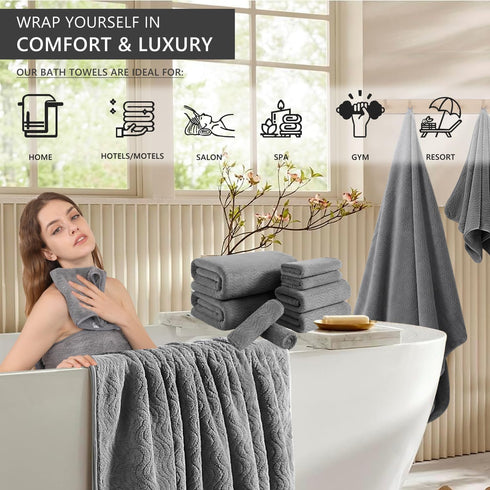 8 Set |2 Sheet,2 Towels,4 Cozy Set Piece Bath Towel Grey Oversized Large Bath Hand Washcloths| Ultra Soft Bath Towel