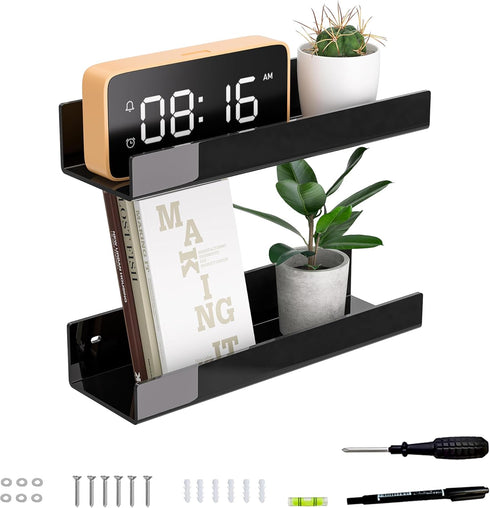 12 Inches Black Acrylic Wall Shelf for Home, 2 Pack, Acrylic Organizer