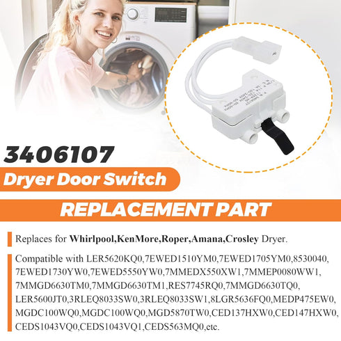 WP3406107 Dryer Door Switch by Beaquicy - Replacement for Whirlpool, Ken-More, Roper, Amana, Crosley Dryer