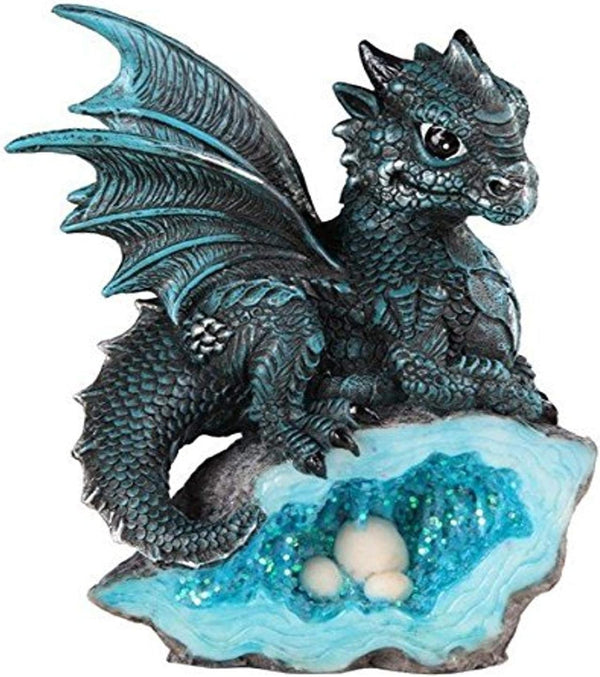 George S. Chen Imports Le Elegant 71581 Blue Medieval Baby Dragon Figurine with Crystal Egg Nest