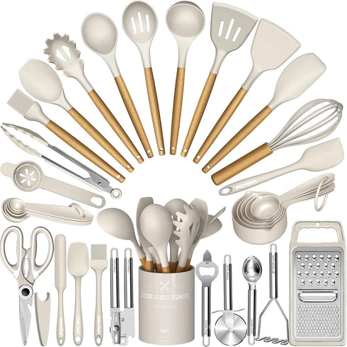 Umite Chef Silicone Kitchen Utensil Set, 34PCS Heat Resistant Gadgets with Grater, Wood Handles