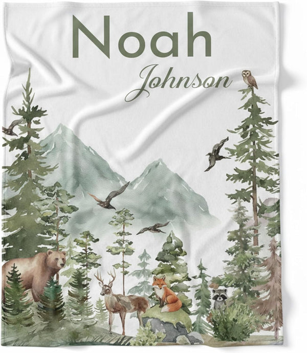Personalized Woodland Baby Blanket with Name, Custom Name Blanket for Boy, Printed