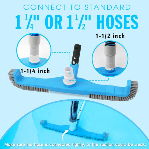 20" 2 1 1-1/4" 1-1/2" TidyMister in Pool Brush Vacuum Head with Swivel Hose Connection & Sturdy Nylon Bristles