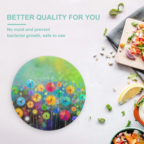 Seasonal Nature Spring Summer Autumn Winter Flowers Pattern Tempered Glass Cutting Board 8" Round Kitchen Decorative