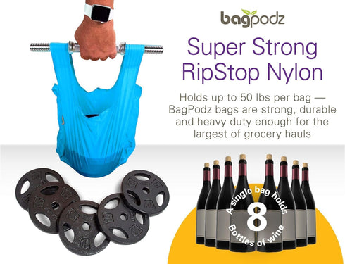 BagPodz 50lbs 5 Pack Sturdy Reusable Grocery Bags Foldable and Washable - Made From RipStop Nylon Hold - Designed