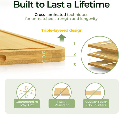 Set 3 Keechee Wood Cutting Board for Kitchen - Reversible Bamboo Cutting Boards Gift of with Juice Groove, Wooden