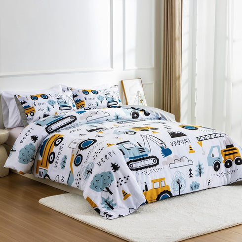 Set Sets NTBED Construction Truck Twin Comforter for Boys Kids Forest Vehicles Excavator Lightweight Microfiber Bedding