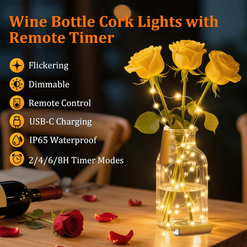 6 Pack 20 6.6 PChero USB Rechargeable Wine Bottle Lights with Cork & Remote Timer, LED ft Fairy String Lights for DIY