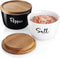 Salt and Pepper Bowls - 10 oz Ceramic Salt Cellar with Lid, Stacked Container with Acacia Wood Lid for Countertop, Set