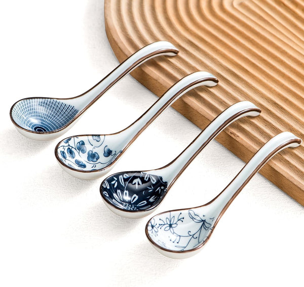 Asian Soup Spoons Set of 4, Ceramic Pho Spoons, Chinese Dumpling and Japanese Soup Spoons