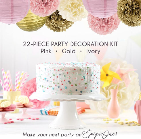 EpiqueOne 22-Piece Tissue Paper Pom Poms Party Set, Pink, Gold & Ivory for Birthdays, Showers & More