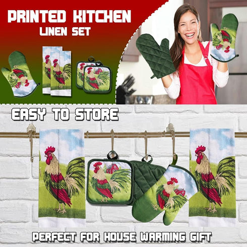 Lobyn Value Packs: 5-Piece Country Kitchen Towel Set - Proud Rooster & Red Barn Motif, 2 Dish Towels, Oven Mitt &