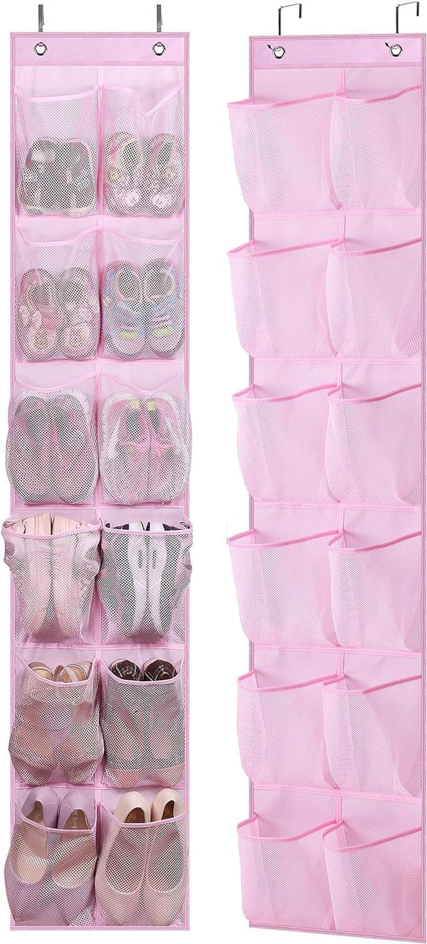 MISSLO Kids Over the Door Shoe Organizer, 12 Mesh Pockets, Baby Hanging Shoe Rack for Girl, Women, Men, Toddler, Pink
