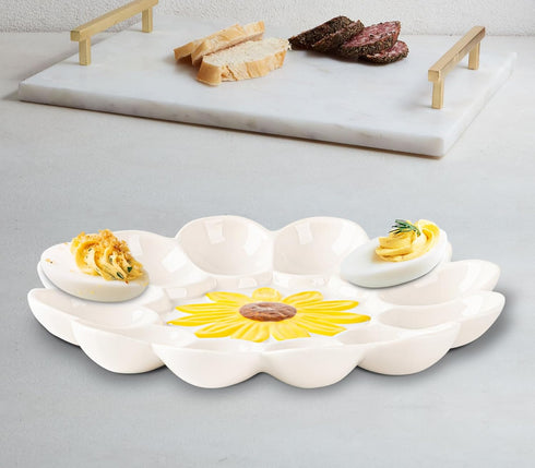 YU&CH Ceramic Sunflower Deviled Egg Tray - White Egg Platter For Party