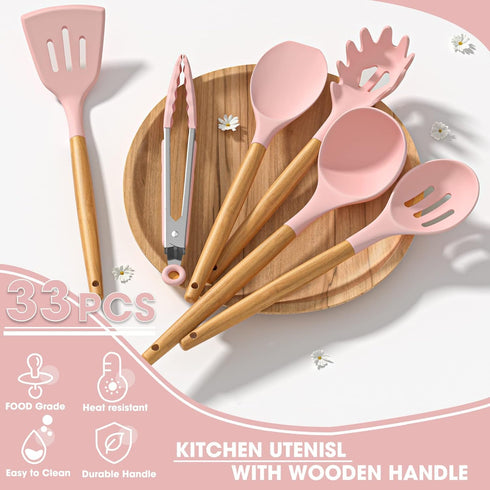 Kitchen Cooking Utensils Set, Umite Chef 33 pcs Non-stick Silicone Spatula Set with Holder, Wooden Handle, Pink