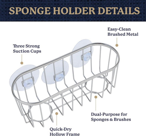 Farberware Sponge Holder for Kitchen SinkBrushed Metal Sink Caddy Organizer with Triple Suction Cups, Kitchen Organizer
