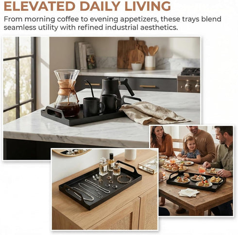 2 Pack Peohud Black Metal Serving Tray, Decorative Coffee Table Tray with Handles, Vanity Platter Breakfast Tray