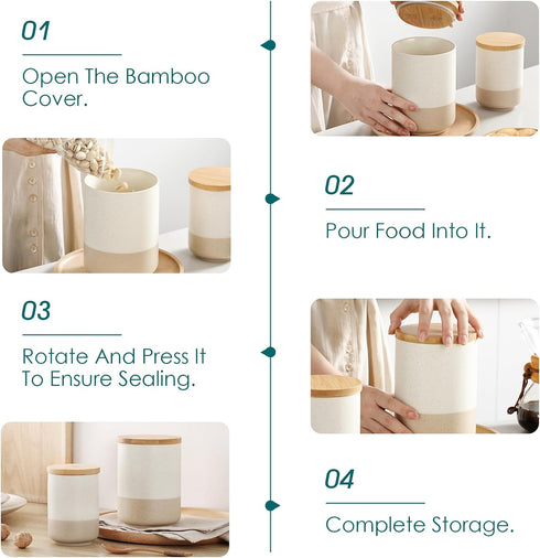 Set 3-Piece Countertop vancasso Sabine Ceramic Canister with Airtight Wood Lids - Kitchen Storage for Flour, Sugar